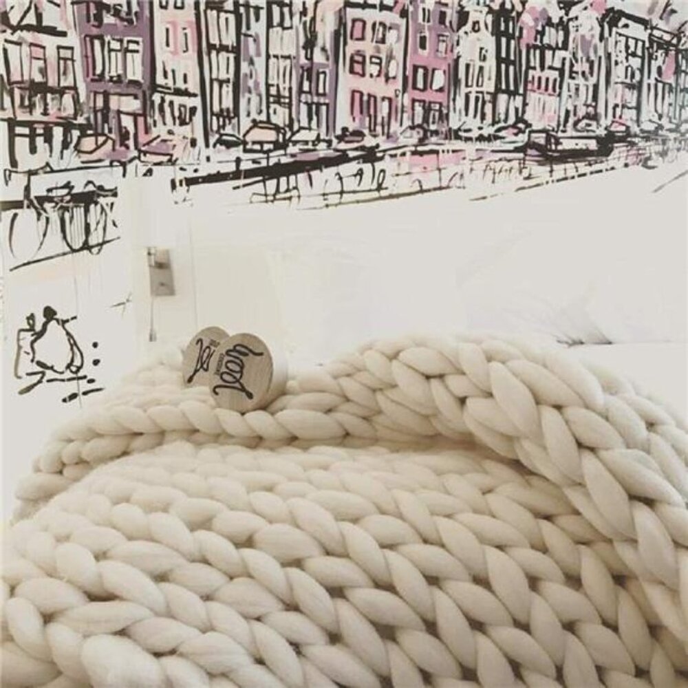 Chunky Knit Blanket Hand Made Merino Wool Throw Boho (Ivory White 40"x60") - Picture 3 of 8
